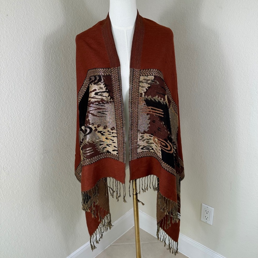 Pashmina Shawl Scarf Women OS Rust Abstract Boho Wrap Fringe Tribal Rust Orange